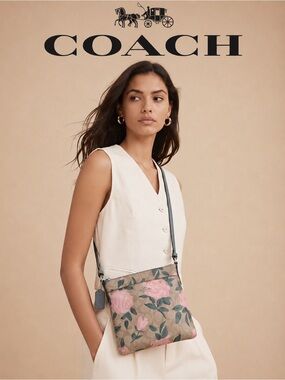 Coach Rose Floral Print Crossbody Bag in Tan and Pink